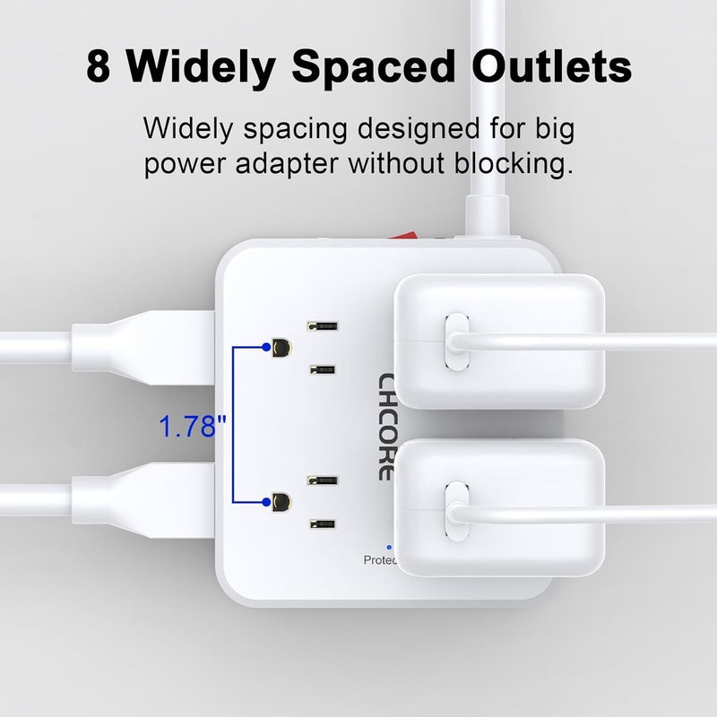 Core 10Ft Surge Protector Power Strip - Flat Plug Extension Cord with 8 Outlets and 4 USB Ports(2 USB C), 3 Side Wall Mount Outlet Extender for Home Dorm Room Essentials, ETL Listed, White - Image 4